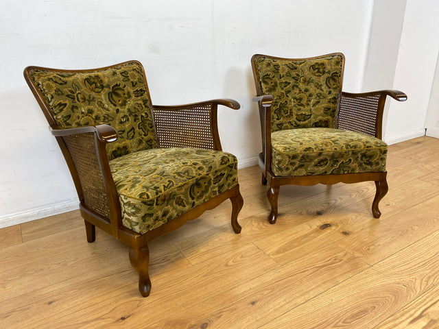 WMK I 1/2 Eleganter Mid-Century Chippendale Sessel mit wunderschönem grünem Brokat Bezug und Armlehnen mit Wiener Geflecht I Clubsessel Lesesessel Armchair 60er Vintage Barock Berlin Hof Hannover