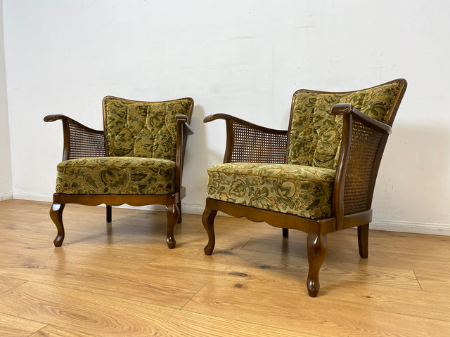 WMK I 1/2 Eleganter Mid-Century Chippendale Sessel mit wunderschönem grünem Brokat Bezug und Armlehnen mit Wiener Geflecht I Clubsessel Lesesessel Armchair 60er Vintage Barock Berlin Hof Hannover