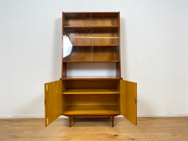 WMK # Stilvolles Mid-Century Highboard in Kirschholz mit Vitrine & zeittypischen konischen Füßen # Glasvitrine Büchervitrine Bücherschrank Bücherregal Regal Kommode Sideboard Schrank Vintage DDR 60er