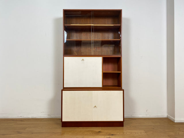 WMK # Stilvolles modulares Mid-Century Highboard, Vollholz in Teak, mit späterer weißer Lackierung