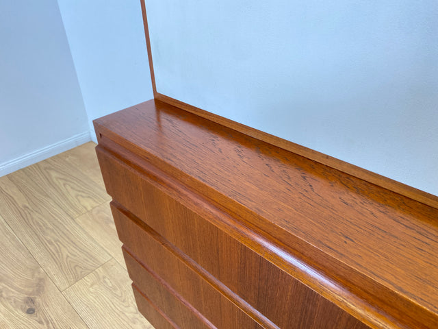 WMK # Stilvolles modulares Mid-Century Highboard, Vollholz in Teak, mit Schubladen & späterer weißer Lackierung # Schrank Bücherschrank Regalwand Schrankwand Regal Sideboard Kommode Teakholz Vintage