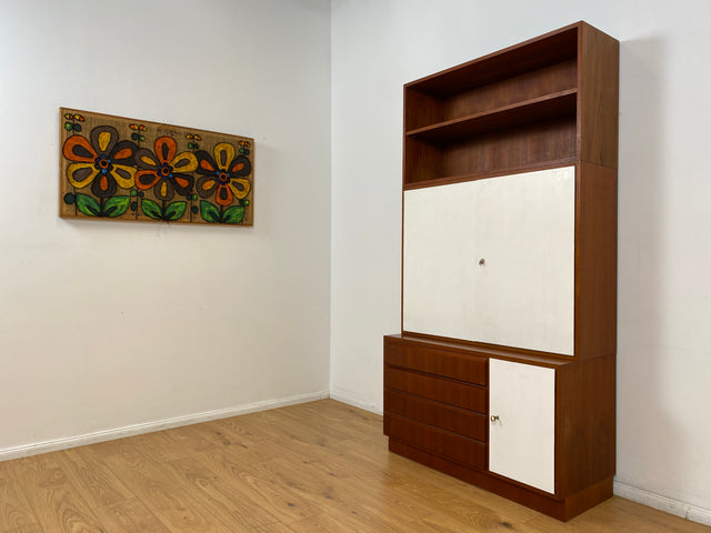 WMK # Stilvolles modulares Mid-Century Highboard, Vollholz in Teak, mit Schubladen & späterer weißer Lackierung # Schrank Bücherschrank Regalwand Schrankwand Regal Sideboard Kommode Teakholz Vintage