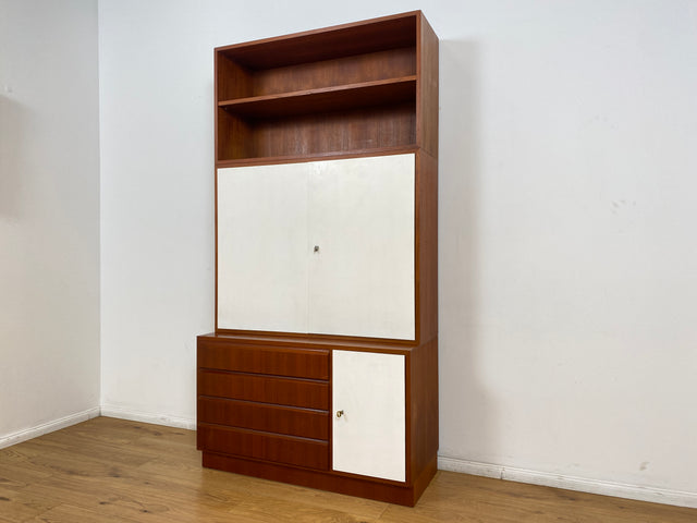 WMK # Stilvolles modulares Mid-Century Highboard, Vollholz in Teak, mit Schubladen & späterer weißer Lackierung # Schrank Bücherschrank Regalwand Schrankwand Regal Sideboard Kommode Teakholz Vintage