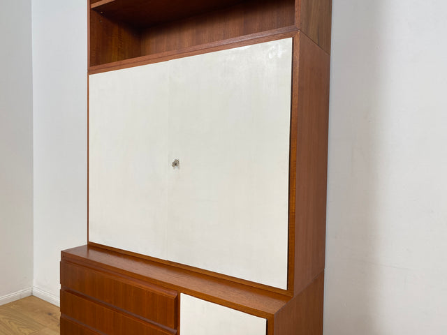 WMK # Stilvolles modulares Mid-Century Highboard, Vollholz in Teak, mit Schubladen & späterer weißer Lackierung # Schrank Bücherschrank Regalwand Schrankwand Regal Sideboard Kommode Teakholz Vintage