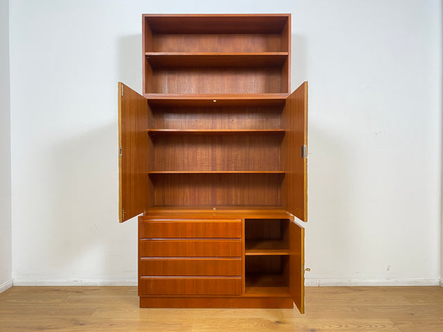 WMK # Stilvolles modulares Mid-Century Highboard, Vollholz in Teak, mit Schubladen & späterer weißer Lackierung # Schrank Bücherschrank Regalwand Schrankwand Regal Sideboard Kommode Teakholz Vintage