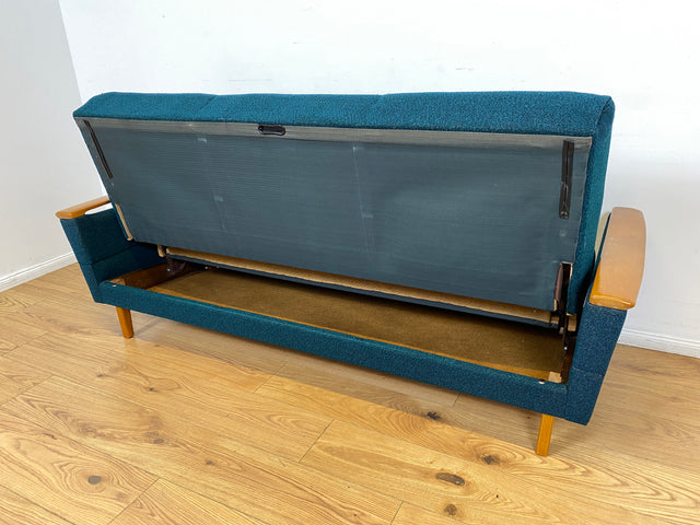 WMK I Stilvolles Mid-Century Klappsofa mit verstellb. Armlehnen, Bettwäschefach & petrol blauem Originalbezug I Sofa Couch 3-Sitzer 3er Daybed Sitzgarnitur Schlaf Klapp Retro Vintage 60er Berlin Köln