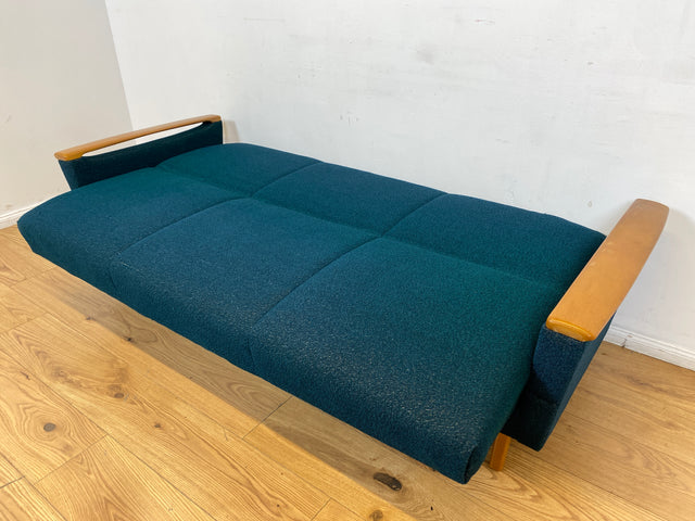 WMK I Stilvolles Mid-Century Klappsofa mit verstellb. Armlehnen, Bettwäschefach & petrol blauem Originalbezug I Sofa Couch 3-Sitzer 3er Daybed Sitzgarnitur Schlaf Klapp Retro Vintage 60er Berlin Köln
