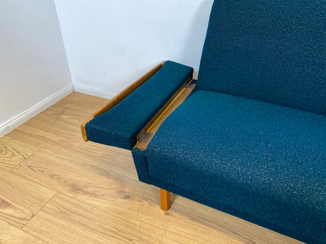 WMK I Stilvolles Mid-Century Klappsofa mit verstellb. Armlehnen, Bettwäschefach & petrol blauem Originalbezug I Sofa Couch 3-Sitzer 3er Daybed Sitzgarnitur Schlaf Klapp Retro Vintage 60er Berlin Köln