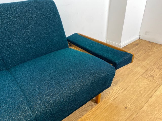 WMK I Stilvolles Mid-Century Klappsofa mit verstellb. Armlehnen, Bettwäschefach & petrol blauem Originalbezug I Sofa Couch 3-Sitzer 3er Daybed Sitzgarnitur Schlaf Klapp Retro Vintage 60er Berlin Köln