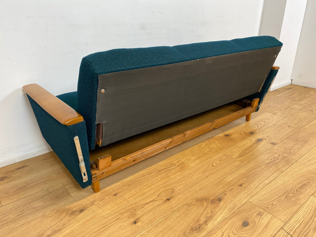 WMK I Stilvolles Mid-Century Klappsofa mit verstellb. Armlehnen, Bettwäschefach & petrol blauem Originalbezug I Sofa Couch 3-Sitzer 3er Daybed Sitzgarnitur Schlaf Klapp Retro Vintage 60er Berlin Köln
