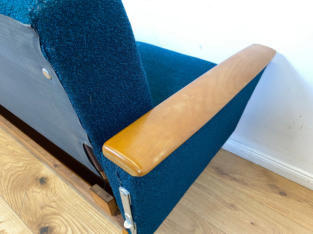 WMK I Stilvolles Mid-Century Klappsofa mit verstellb. Armlehnen, Bettwäschefach & petrol blauem Originalbezug I Sofa Couch 3-Sitzer 3er Daybed Sitzgarnitur Schlaf Klapp Retro Vintage 60er Berlin Köln