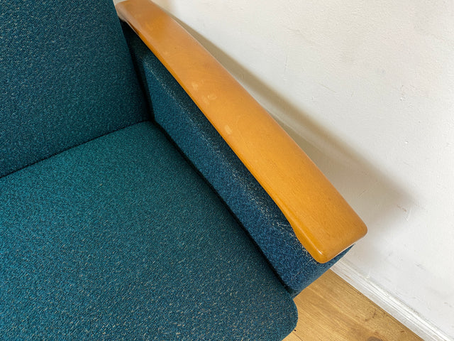 WMK I Stilvolles Mid-Century Klappsofa mit verstellb. Armlehnen, Bettwäschefach & petrol blauem Originalbezug I Sofa Couch 3-Sitzer 3er Daybed Sitzgarnitur Schlaf Klapp Retro Vintage 60er Berlin Köln
