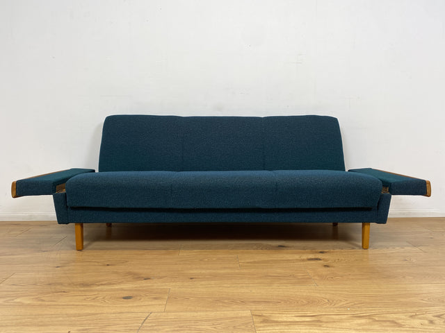 WMK I Stilvolles Mid-Century Klappsofa mit verstellb. Armlehnen, Bettwäschefach & petrol blauem Originalbezug I Sofa Couch 3-Sitzer 3er Daybed Sitzgarnitur Schlaf Klapp Retro Vintage 60er Berlin Köln