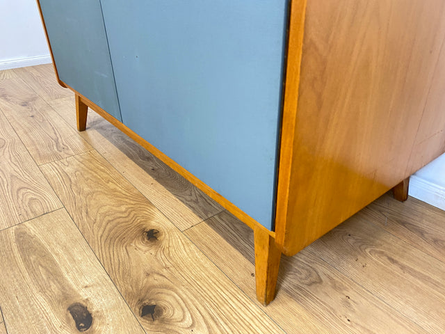 WMK # Hochwertiger & gut erhaltener Mid-Century Kleiderschrank aus vollem Holz in Blau, aus 1959, baugleich mit VEB Hellerau # Schrank Schlafzimmerschrank Wäscheschrank Wardrobe Vintage Esche DDR 50er