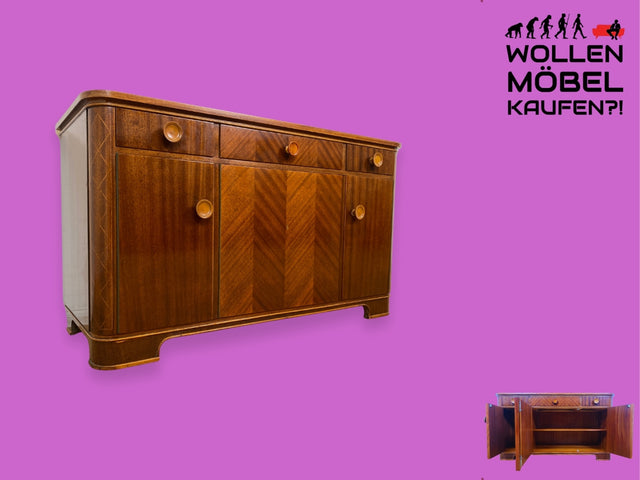 WMK I Formschöne und gut erhaltene Mid-Century Kommode aus vollem Holz mit Schubladen und Intarsien I Sideboard Schrank Wäschekommode Schuhkommode TV Lowboard 60er Vintage Berlin Homburg Frankfurt