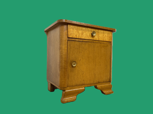WMK Schöner Mid-Century Nachttisch aus vollem Holz mit Schublade und Messinggriffen I Nachtschank Nachtschränkchen Nachtkommode Kommode Night Stand Art Deco Vintage 50er 60er Berlin Bochum Halle
