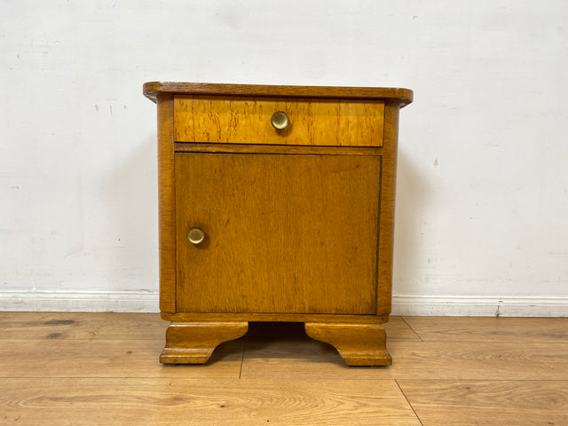 WMK 1/2 Schöner Mid-Century Nachttisch aus vollem Holz mit Schublade und Messinggriffen I Nachtschank Nachtschränkchen Nachtkommode Kommode Night Stand Art Deco Vintage 50er 60er Berlin Bochum Halle