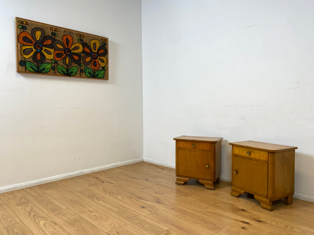 WMK 1/2 Schöner Mid-Century Nachttisch aus vollem Holz mit Schublade und Messinggriffen I Nachtschank Nachtschränkchen Nachtkommode Kommode Night Stand Art Deco Vintage 50er 60er Berlin Bochum Halle