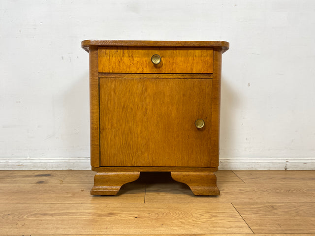 WMK 1/2 Schöner Mid-Century Nachttisch aus vollem Holz mit Schublade und Messinggriffen I Nachtschank Nachtschränkchen Nachtkommode Kommode Night Stand Art Deco Vintage 50er 60er Berlin Bochum Halle