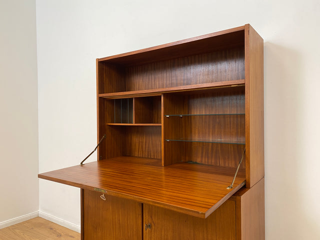WMK # Stilvoller und sehr gut erhaltener Mid-Century Schreibschrank aus vollem Holz mit Regal und konischen Füßen, DDR, 1963 # Schrank Highboard Sekretär Barschrank Bar Kommode Sideboard Vintage 60er