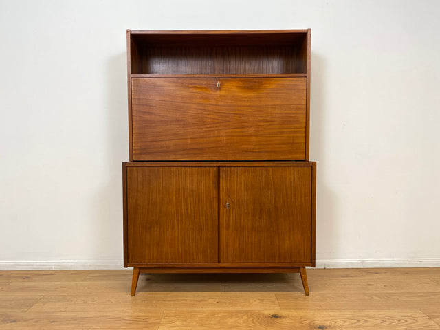 WMK # Stilvoller und sehr gut erhaltener Mid-Century Schreibschrank aus vollem Holz mit Regal und konischen Füßen, DDR, 1963 # Schrank Highboard Sekretär Barschrank Bar Kommode Sideboard Vintage 60er