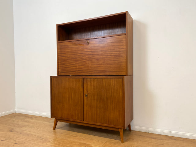 WMK # Stilvoller und sehr gut erhaltener Mid-Century Schreibschrank aus vollem Holz mit Regal und konischen Füßen, DDR, 1963 # Schrank Highboard Sekretär Barschrank Bar Kommode Sideboard Vintage 60er