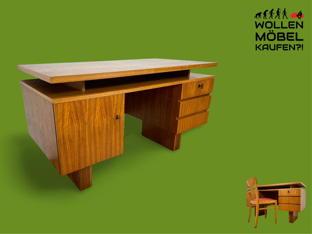 WMK I Minimalistischer großer Mid-Century Schreibtisch in Nussbaum mit stilvoller schwebender Schreibfläche I Arbeitstisch Bürotisch Writing Desk Sekretär Vintage Retro 60er 70er Berlin Dresden Bremen
