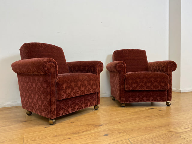 WMK # 1/2 Gemütlicher und sehr gut erhaltener Mid-Century Sessel auf Rollen mit bequemen Federkernsitz & bordeaux rotem Samt Bezug # Clubsessel Lesesessel Stuhl Armchair Brokat Vintage Retro 50er 60er