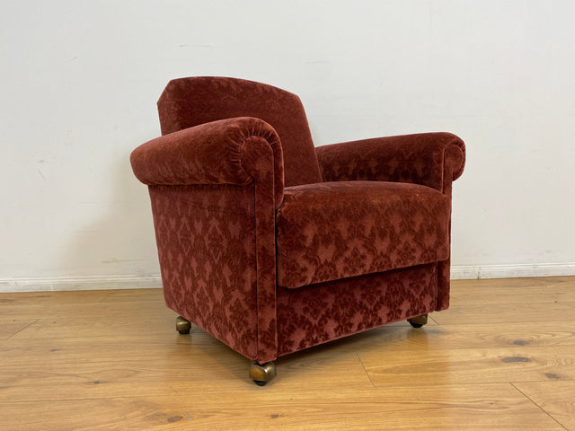 WMK # 1/2 Gemütlicher und sehr gut erhaltener Mid-Century Sessel auf Rollen mit bequemen Federkernsitz & bordeaux rotem Samt Bezug # Clubsessel Lesesessel Stuhl Armchair Brokat Vintage Retro 50er 60er