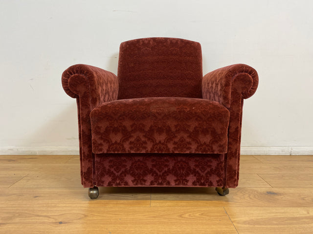 WMK # 1/2 Gemütlicher und sehr gut erhaltener Mid-Century Sessel auf Rollen mit bequemen Federkernsitz & bordeaux rotem Samt Bezug # Clubsessel Lesesessel Stuhl Armchair Brokat Vintage Retro 50er 60er
