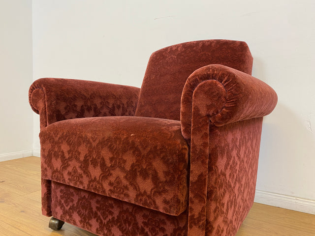 WMK # 1/2 Gemütlicher und sehr gut erhaltener Mid-Century Sessel auf Rollen mit bequemen Federkernsitz & bordeaux rotem Samt Bezug # Clubsessel Lesesessel Stuhl Armchair Brokat Vintage Retro 50er 60er