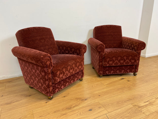 WMK # 1/2 Gemütlicher und sehr gut erhaltener Mid-Century Sessel auf Rollen mit bequemen Federkernsitz & bordeaux rotem Samt Bezug # Clubsessel Lesesessel Stuhl Armchair Brokat Vintage Retro 50er 60er