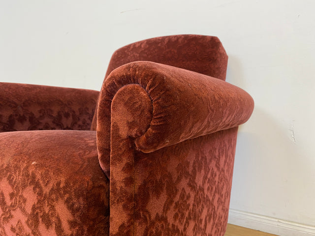 WMK # 1/2 Gemütlicher und sehr gut erhaltener Mid-Century Sessel auf Rollen mit bequemen Federkernsitz & bordeaux rotem Samt Bezug # Clubsessel Lesesessel Stuhl Armchair Brokat Vintage Retro 50er 60er