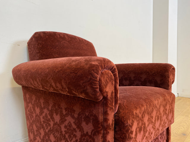 WMK # 1/2 Gemütlicher und sehr gut erhaltener Mid-Century Sessel auf Rollen mit bequemen Federkernsitz & bordeaux rotem Samt Bezug # Clubsessel Lesesessel Stuhl Armchair Brokat Vintage Retro 50er 60er