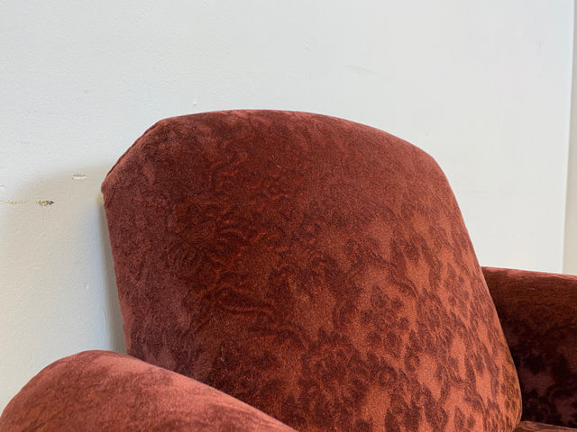WMK # 1/2 Gemütlicher und sehr gut erhaltener Mid-Century Sessel auf Rollen mit bequemen Federkernsitz & bordeaux rotem Samt Bezug # Clubsessel Lesesessel Stuhl Armchair Brokat Vintage Retro 50er 60er