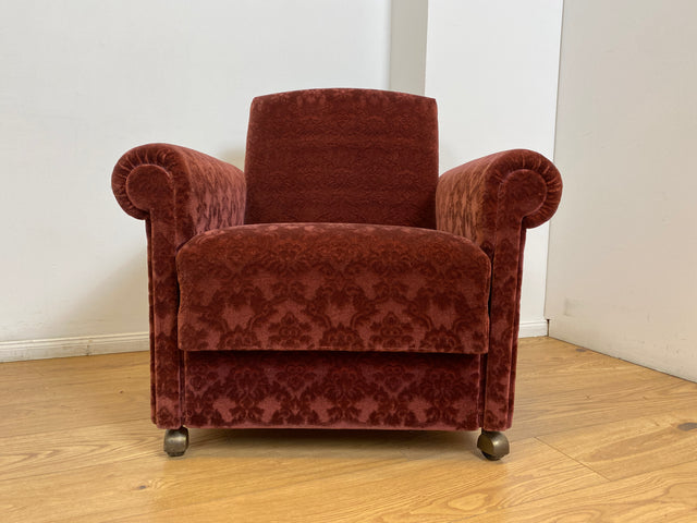 WMK # 1/2 Gemütlicher und sehr gut erhaltener Mid-Century Sessel auf Rollen mit bequemen Federkernsitz & bordeaux rotem Samt Bezug # Clubsessel Lesesessel Stuhl Armchair Brokat Vintage Retro 50er 60er