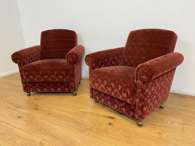 WMK # 1/2 Gemütlicher und sehr gut erhaltener Mid-Century Sessel auf Rollen mit bequemen Federkernsitz & bordeaux rotem Samt Bezug # Clubsessel Lesesessel Stuhl Armchair Brokat Vintage Retro 50er 60er
