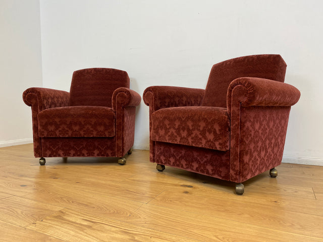 WMK # 1/2 Gemütlicher und sehr gut erhaltener Mid-Century Sessel auf Rollen mit bequemen Federkernsitz & bordeaux rotem Samt Bezug # Clubsessel Lesesessel Stuhl Armchair Brokat Vintage Retro 50er 60er