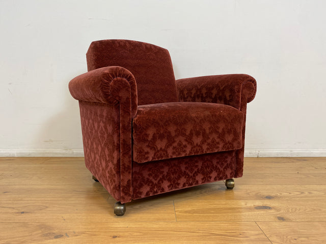 WMK # 1/2 Gemütlicher und sehr gut erhaltener Mid-Century Sessel auf Rollen mit bequemen Federkernsitz & bordeaux rotem Samt Bezug # Clubsessel Lesesessel Stuhl Armchair Brokat Vintage Retro 50er 60er