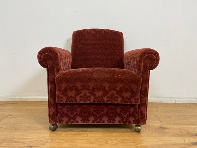 WMK # 1/2 Gemütlicher und sehr gut erhaltener Mid-Century Sessel auf Rollen mit bequemen Federkernsitz & bordeaux rotem Samt Bezug # Clubsessel Lesesessel Stuhl Armchair Brokat Vintage Retro 50er 60er