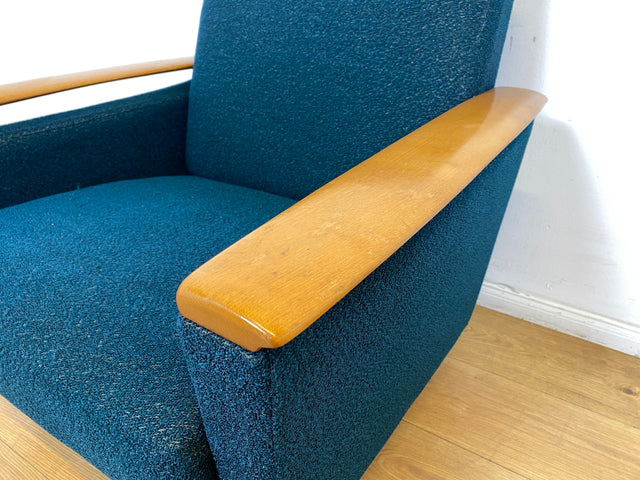 WMK I Stilvoller Mid-Century Sessel in petrol blauem Originalbezug mit Holz Armlehnen I Clubsessel Loungesessel Lesesessel Armchair Chair Sitzgarnitur Retro Vintage 50er 60er Berlin Hamburg München