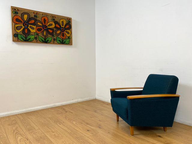 WMK I Stilvoller Mid-Century Sessel in petrol blauem Originalbezug mit Holz Armlehnen I Clubsessel Loungesessel Lesesessel Armchair Chair Sitzgarnitur Retro Vintage 50er 60er Berlin Hamburg München