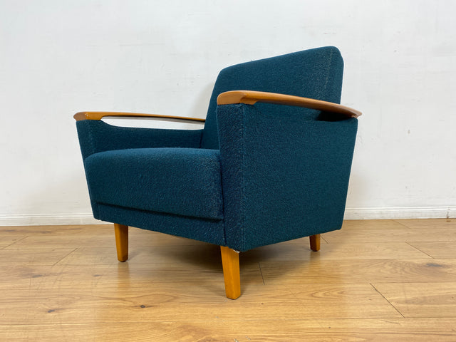 WMK I Stilvoller Mid-Century Sessel in petrol blauem Originalbezug mit Holz Armlehnen I Clubsessel Loungesessel Lesesessel Armchair Chair Sitzgarnitur Retro Vintage 50er 60er Berlin Hamburg München