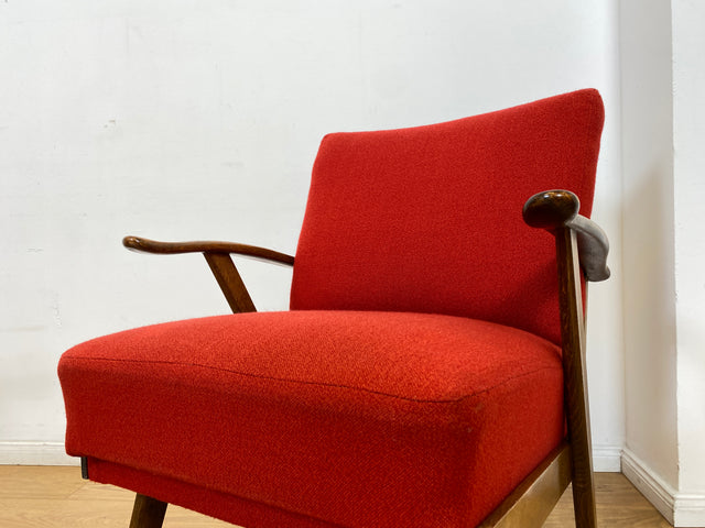 WMK I 1/2 Eleganter und gut erhaltener Mid-Century Sessel mit bequemen Federkernsitz & rotem Originalbezug I Clubsessel Lesesessel Armlehnsessel Sitzgruppe 50er 60er Vintage Berlin Hamburg Düsseldorf