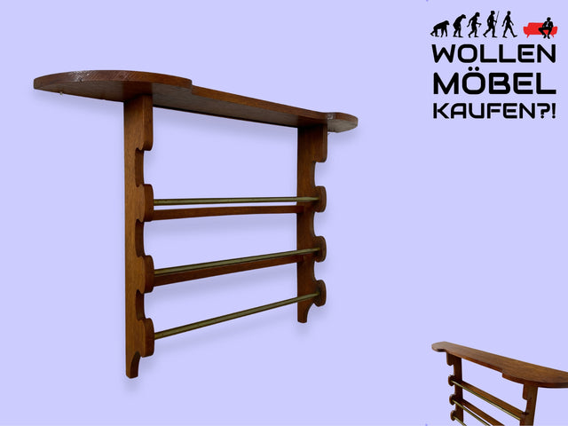 WMK I Schönes Mid-Century Wandregal für Geschirrtücher / Handtücher I Vollholz mit Messingstangen I Wand Regal Handtuchhalter Geschirrtuchhalter Küchenregal Küchenwandregal Holzregal Bad Vintage 50er