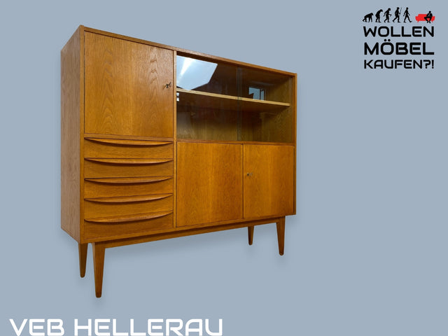 WMK I Stilvoller Mid-Century Designer Wohnzimmerschrank 602/G aus 1960 von Franz Ehrlich für VEB Hellerau in Eiche I Schrank Vitrine Highboard Sideboard Kommode 60er DDR Vintage I Berlin Leipzig Köln