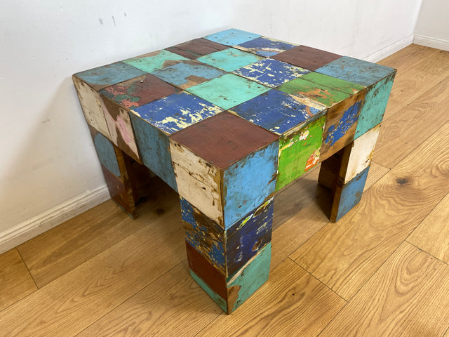 Boatwood by WMK I 100% nachhaltiger Couchtisch aus altem Bootsholz I handgefertigt aus Teakholz massiv I für In & Outdoor I bunter Wohnzimmertisch Beistelltisch Sofatisch Coffee Table Würfel Treibholz