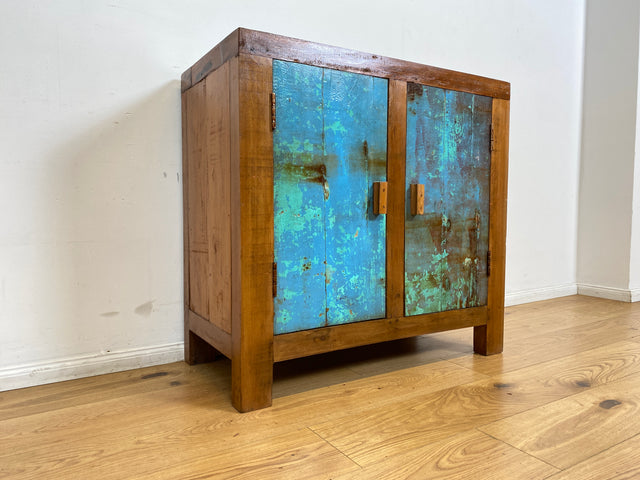 Boatwood by WMK I Meeresblaue & nachhaltige Kommode aus altem Bootsholz, ein handgefertigtes Unikat aus massivem Teakholz I Schrank Sideboard Anrichte Wäschekommode Wickelkommode Schuhschrank Cabinet
