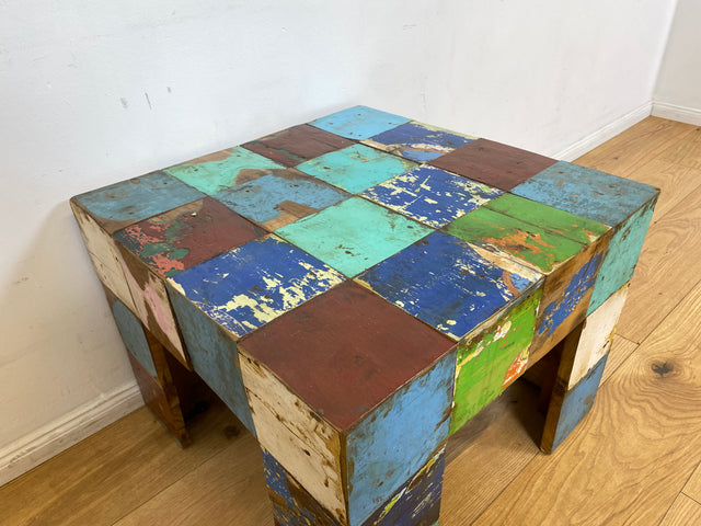 Boatwood by WMK I 100% nachhaltiger Couchtisch aus altem Bootsholz I handgefertigt aus Teakholz massiv I für In & Outdoor I bunter Wohnzimmertisch Beistelltisch Sofatisch Coffee Table Würfel Treibholz