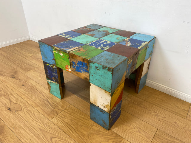 Boatwood by WMK I 100% nachhaltiger Couchtisch aus altem Bootsholz I handgefertigt aus Teakholz massiv I für In & Outdoor I bunter Wohnzimmertisch Beistelltisch Sofatisch Coffee Table Würfel Treibholz